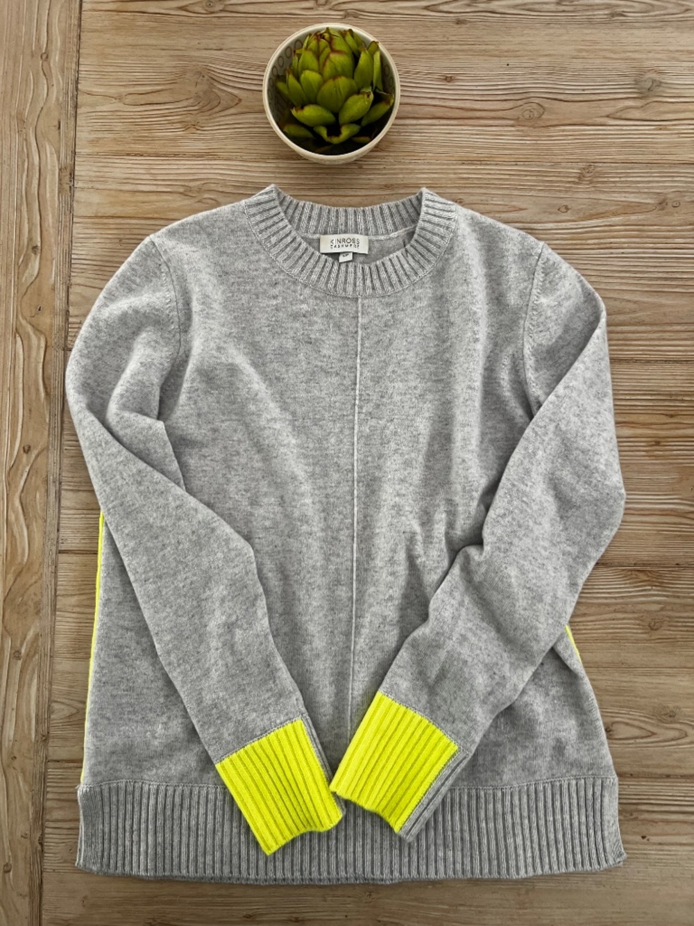 Kinross Cashmere Gray Citron Colorblock Sweater S